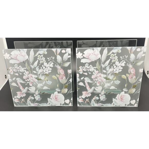 Other - 2-Set Glass tea light Holders with Hummingbirds Roses flowers Water Color design